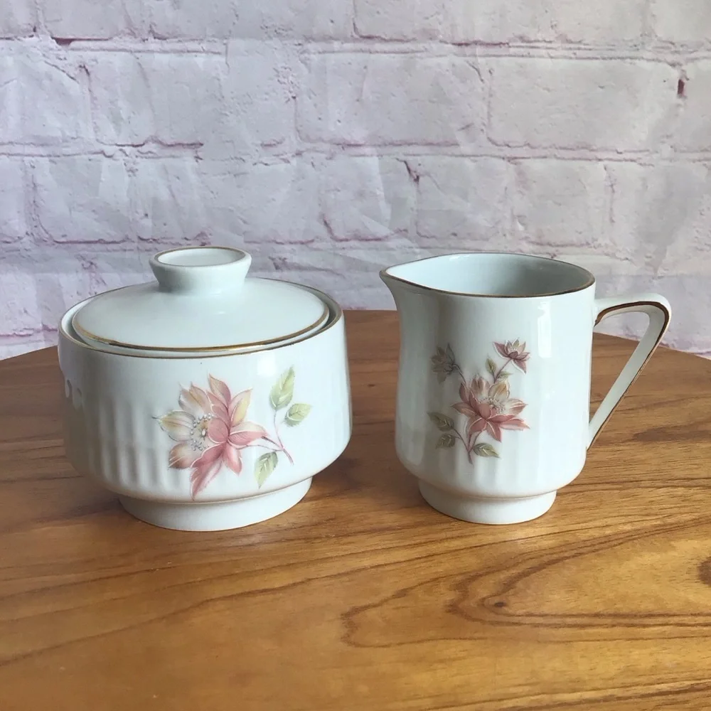 Vintage Scherzer Bavaria Floral Porcelain Covered Sugar Bowl and Creamer Set